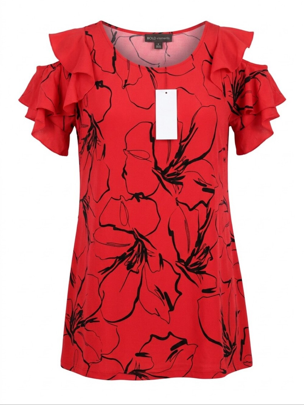 BOLD elements Red Floral Cold-Shoulder Ruffle Blouse